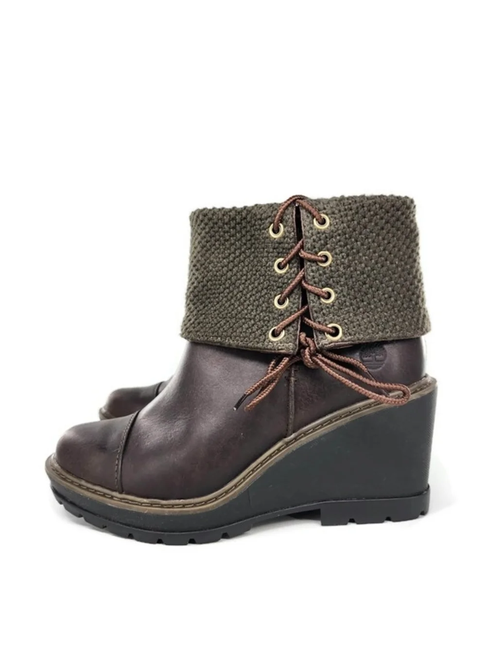 Timberland Kellis Brown Leather Olive Fold Down Side Lace Lug Sole Ankle Boots